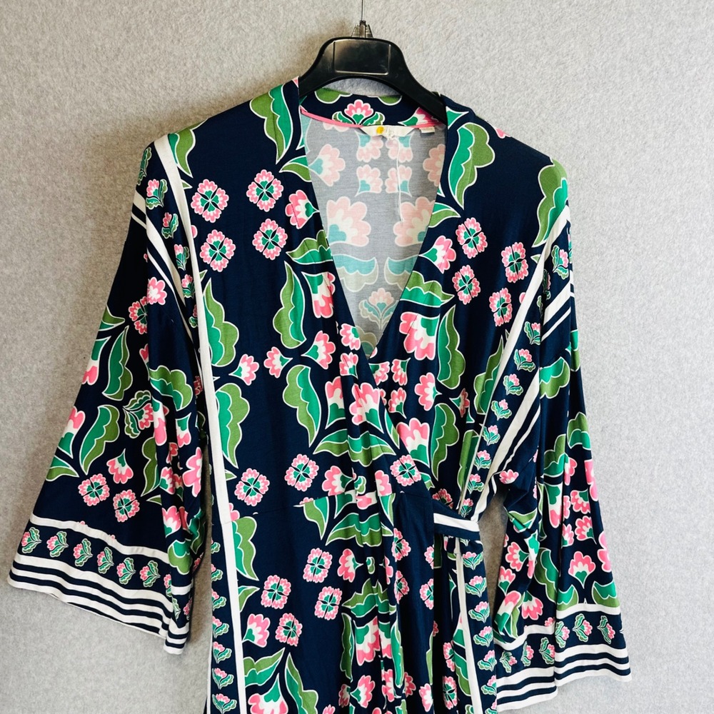 Boden Womans Sz 16/18 Wrap Dress Floral Blue 3/4 Sleeve Knit Stretch V- Neck - Picture 3 of 10